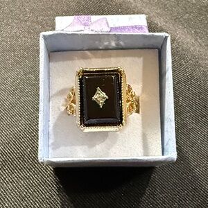 Gold-Tone Black Stone Statement Ring with Center Accent, Sz. 7.5